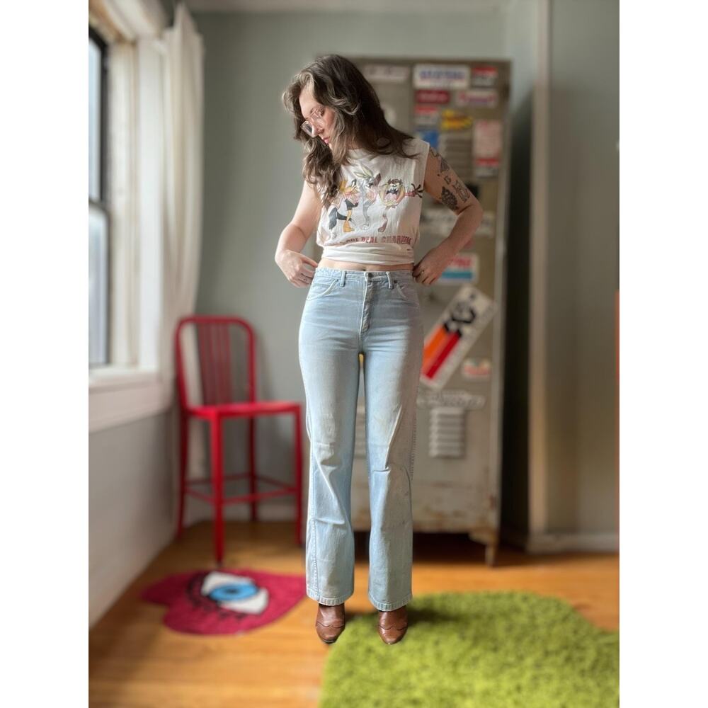 Vintage 70s Flare Jeans | Light Wash Slim Fit Denim Distressed Leather trim |28" - Picture 4 of 8